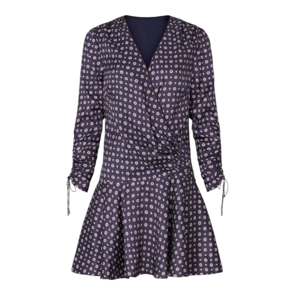 Jonathan Simkhai Scarf Print Ruffle Dress Navy Burgundy Perfect Work Dress Sz 10